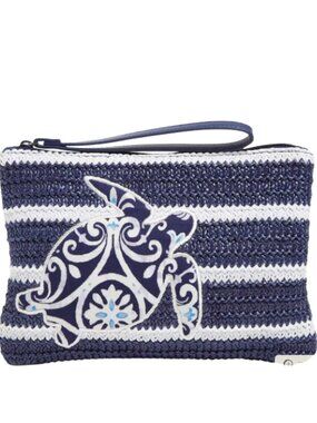 Vera Bradley Straw Wristlet Turtle Steel Blue Medallion